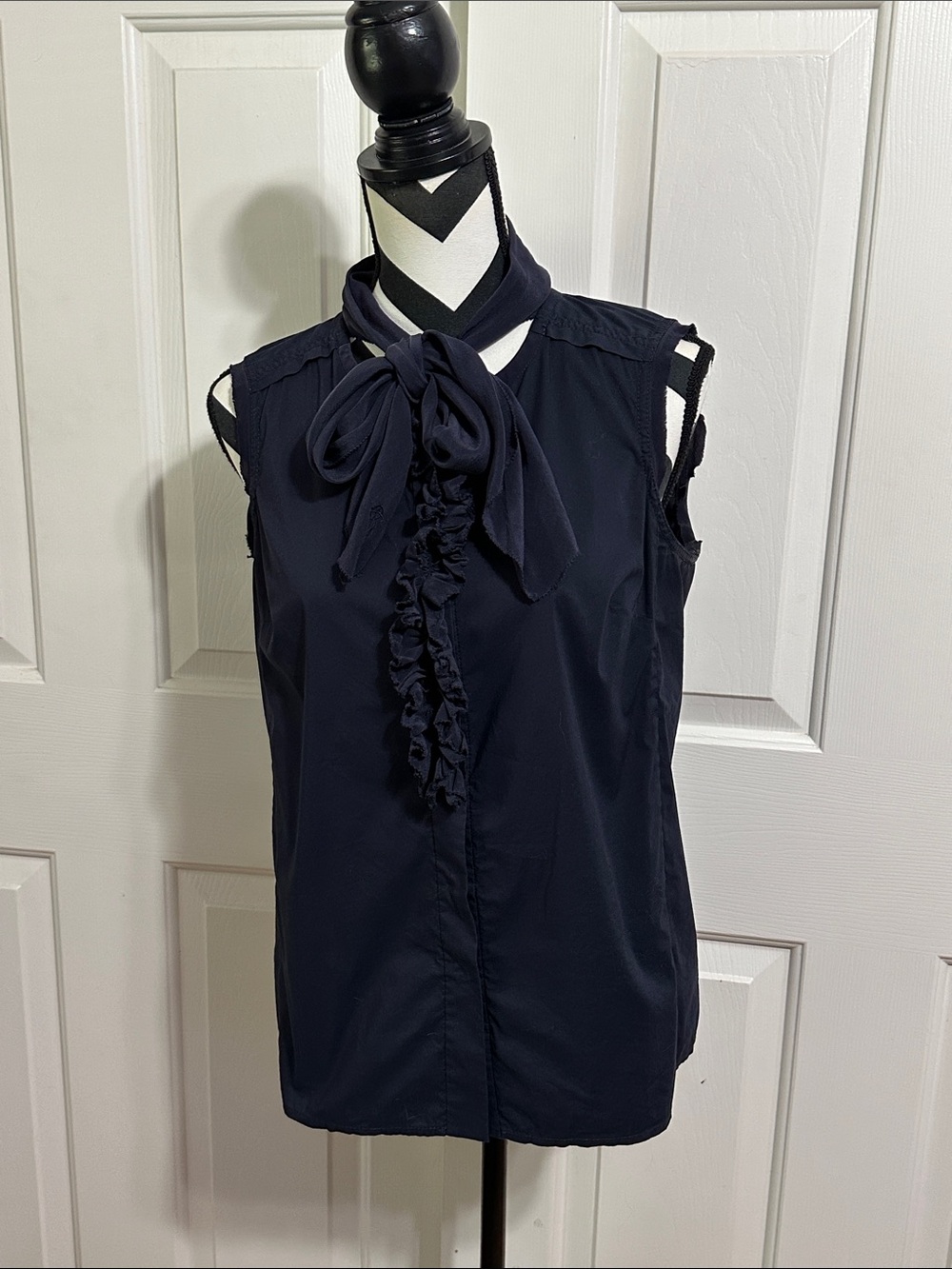 Tory Burch Navy Sleeveless Ruffle Tie-Neck Blouse